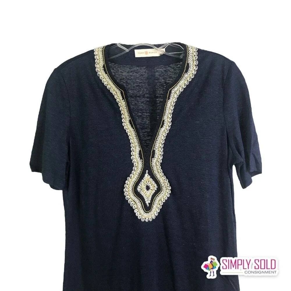 Tory Burch Liliana Tee Womens XS Navy‎ Embroidered Linen V Neck Slub Knit NWT